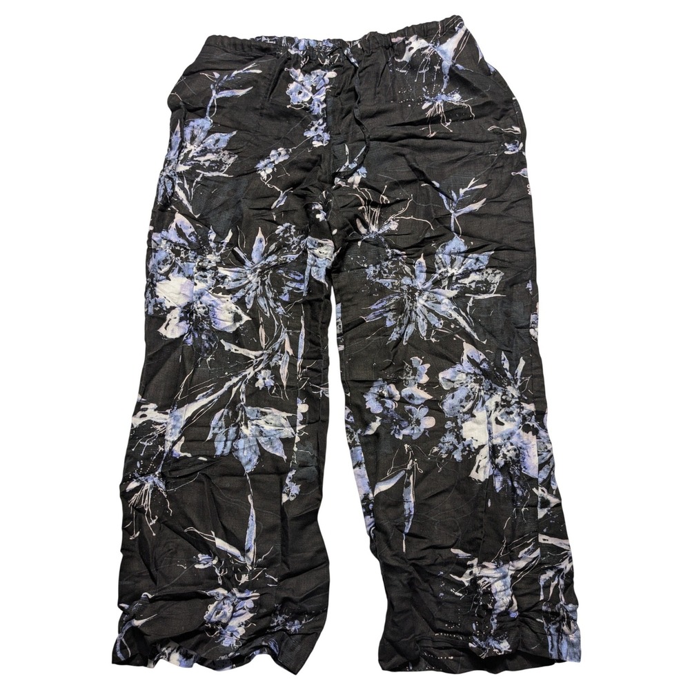 Chicos Black Floral Linen Rayon Blend Wide Leg Drawstring Pants Size 2 Large EUC